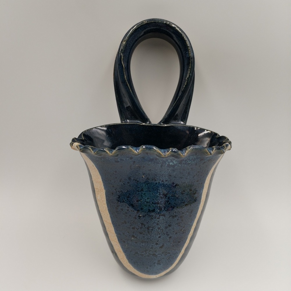 VTG Richard Sanderson Studio Art‎ Pottery Wall Pocket Vase Blue Glaze NH 2002